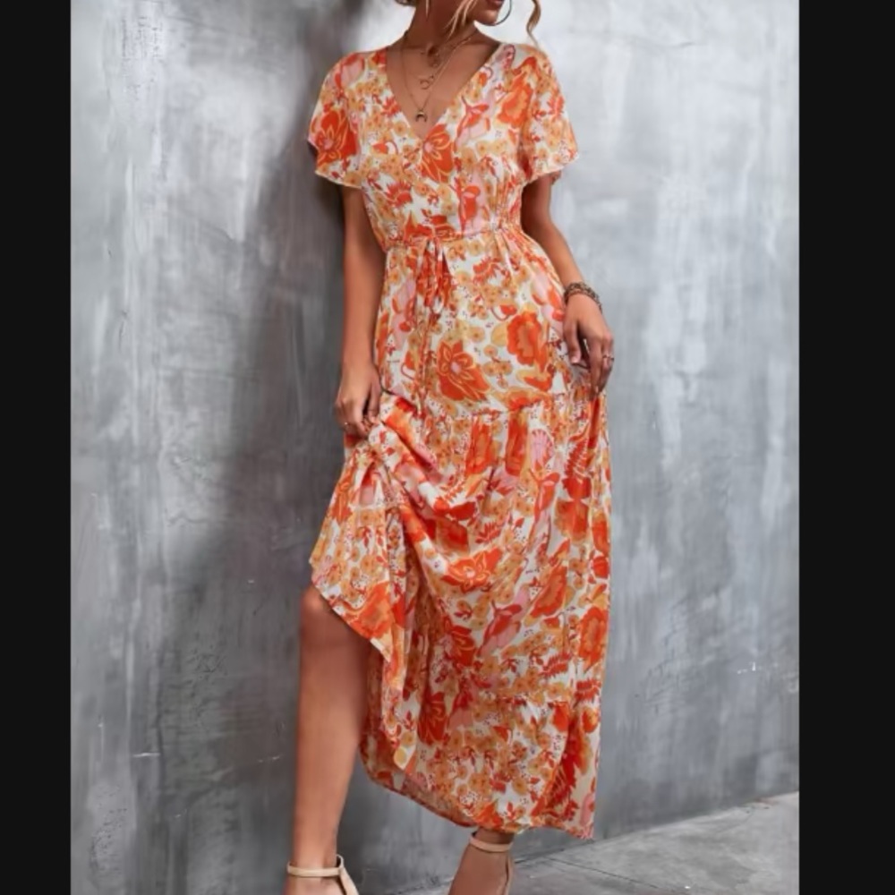 NWT Orange Floral Maxi Dress Tie Waist Sz L